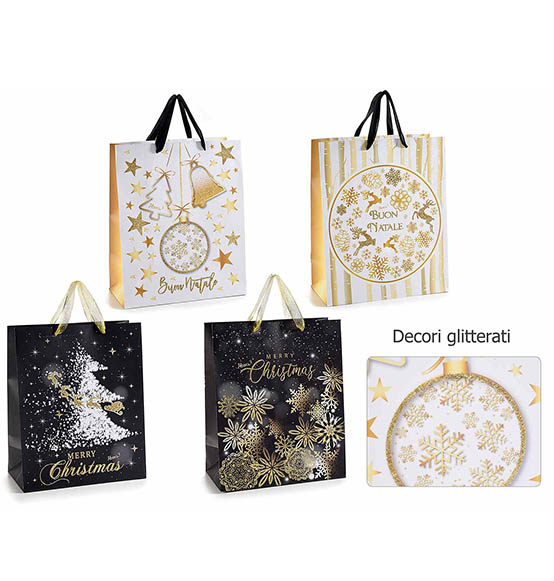 20Pz. Sacchetto medio regalo in cartoncino con stampa natalizia e decorazioni glitterate oro e manici in raso Linea "Elegant Christmas" cm. 26,5x13,5x32,5H